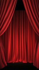 A pair of rich red curtains, suggesting a stage or theatrical setting, ready for a performance.