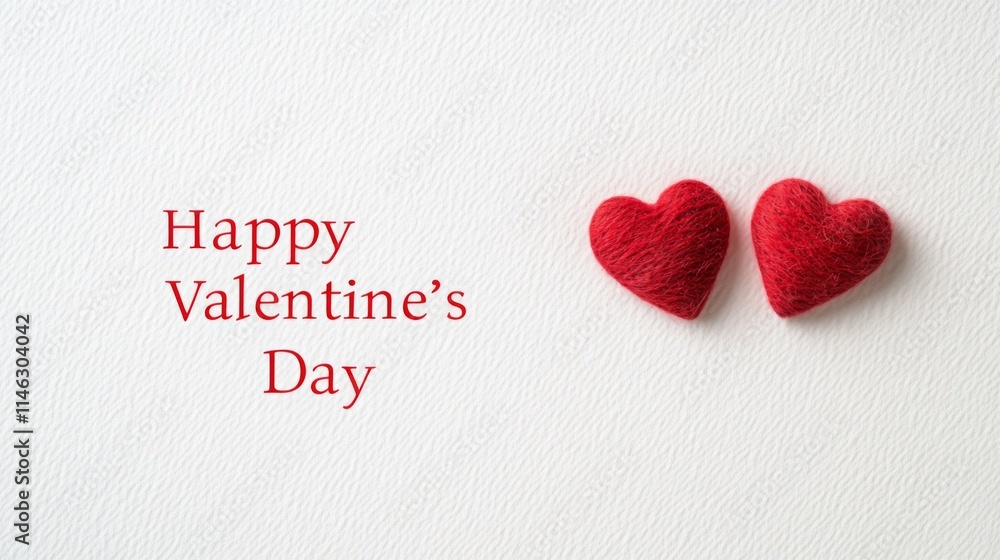 Poster two red felt hearts are positioned closely on a textured white background with the greeting expressi