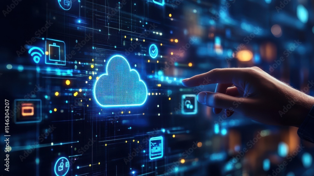 Aufkleber cloud service concept with man hand touching digital screen with glowing applications icons and clou
