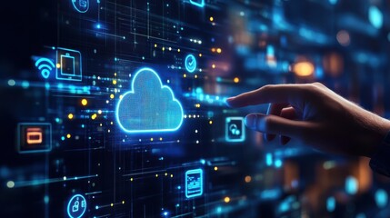 Cloud service concept with man hand touching digital screen with glowing applications icons and cloud sign at blurry city background