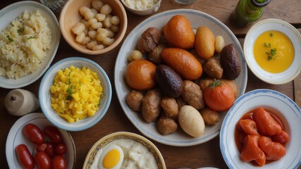 large and generously covered with delicious dishes table, covered with a tablecloth on which there are various delicious dishes of Ukrainian cuisine: fried ribs, borsch, salads, cheese
