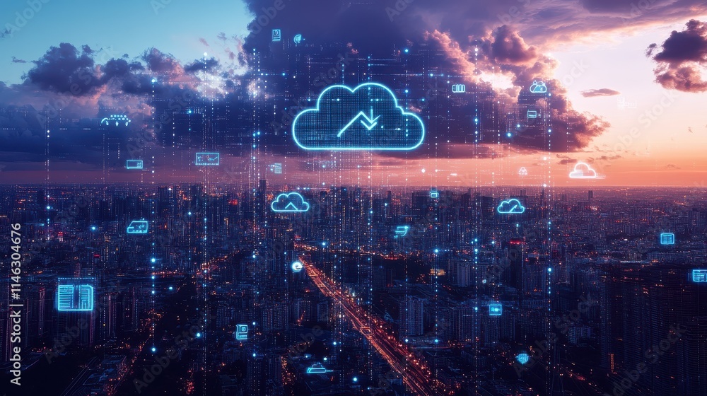 Poster data storage, smart city and cloud technologies concept with digital social networking internet icon