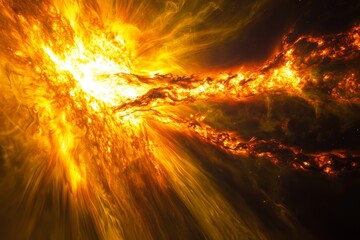 Fiery cosmic explosion with bright, glowing energy streams in deep space.