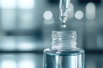 Dynamic serum application closeup of a dropper releasing liquid in a laboratory environment highlighting the visual appeal and precision of skincare products