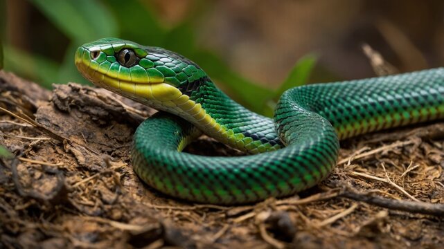 Very closeup side view head of Green Tree Python Morelia viridis also known as the Emerald Green Python