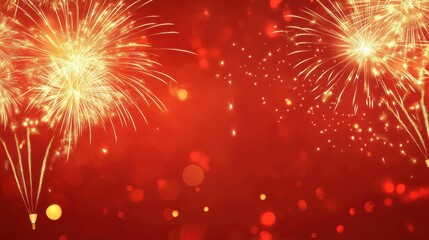 Obraz premium Festive Chinese background. New Year asian backdrop with gold fireworks. Red vector holiday banner