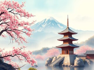 Fototapeta premium Abstract Japanese Landscape Gradient Light Vibrant Watercolor AI Art