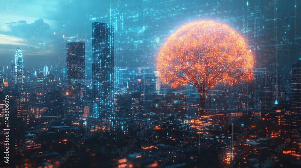 Poster global technology concept with digital node tree screen and megapolis city with skyscrapers. double 