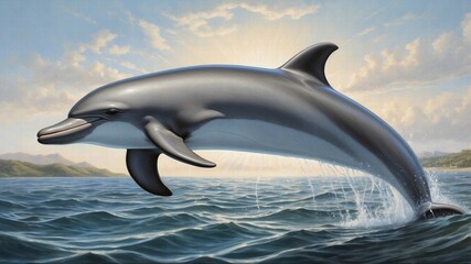 Obraz premium Dolphins realistic. Ocean or marine animals swim fishes with flippers deep blue sea underwater fauna decent realistic dolphins collection