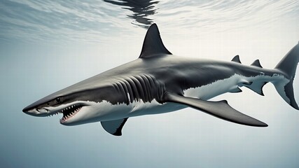 Naklejka premium Ocean shark bottom view from below. Open toothy dangerous mouth with many teeth. Underwater blue sea waves clear water shark swims forward