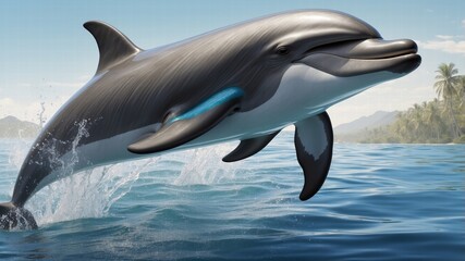 Fototapeta premium Dolphins realistic. Ocean or marine animals swim fishes with flippers deep blue sea underwater fauna decent realistic dolphins collection