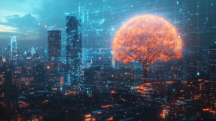 Global technology concept with digital node tree screen and megapolis city with skyscrapers. Double exposure.