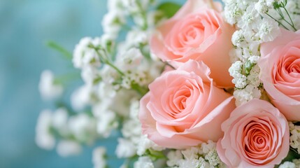 Bouquet of pink roses and white gypsophila flowers creating romantic atmosphere