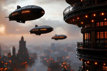 A futuristic cityscape features hovering airships over a sprawling metropolis at dusk, illuminated by warm lights.