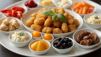 set of many delicious food dishes isolated on white background. fish and chips, lasagna, spaghetti, chicken soup, grilled chicken with salad, samosas. Assortment of tasty foods, set, collage.
