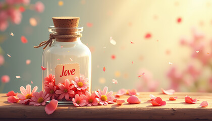 Love keepsake: a message in a bottle surrounded by flowers and petals on a wooden surface with a romantic backdrop and copy space