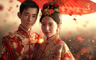 A smiling Chinese bride and groom in traditional red wedding attire stand under a red umbrella, surrounded by falling petals.