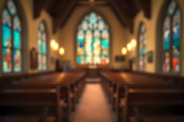 Fototapeta premium Blurred interior of a small, intimate church with wooden pews, large stained glass windows