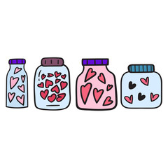 collection of jars with hearts inside them. Flat design. Hand drawn illustrations on white background.