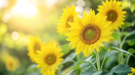 Obraz premium Sunflowers blooming in field during golden hour sunset