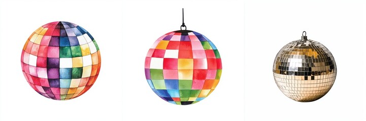 Fototapeta premium new year midnight concept. Three vibrant disco balls with colorful mirrored surfaces, perfect for adding a festive touch to parties and celebrations.