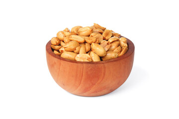 Roasted salted peanut on a wooden bowl isolated on white background