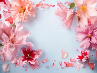 Obraz premium frame made paste blooming spring flowers against white background. Copy space. Concept for card, congratulations or invitation