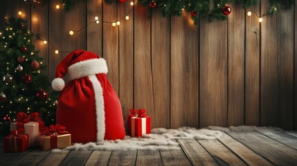 Fototapeta premium Merry Christmas, greeting postcard with Santa Claus bag with presents and wooden wall with Christmas decor