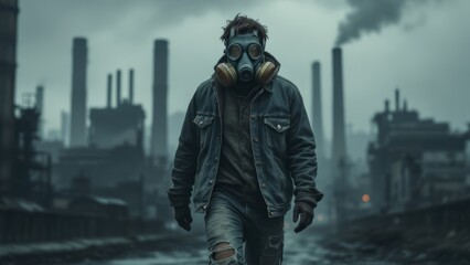 Naklejka premium Medium shot of a person wearing a gas mask and denim jacket walking in a polluted industrial area