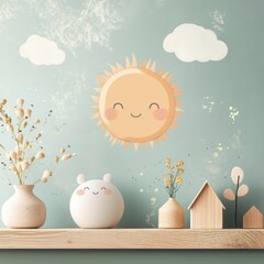 Sweet sun nursery wall art, cartoon-style minimalistic one-line drawing with soft colors on pastel background

