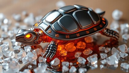 4K HD Wallpapers Stylized Metal Turtle With Glowing Accents, Crawling Across A Reflective Surface Of Crystals. Desktop Wallpaper HD. HD Backgrounds
