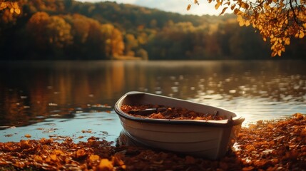 Fototapeta premium Autumnal lake scene with small boat filled with leaves.