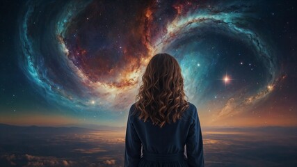 The universe in the form of a beautiful young woman. Abstract thinking