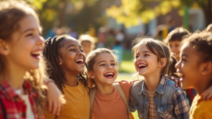 Fototapeta premium Medium shot of a group of diverse laughing young girls embracing each other outdoors under bright natural light.