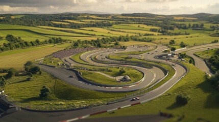 aerial view of a winding race track in a rural setting