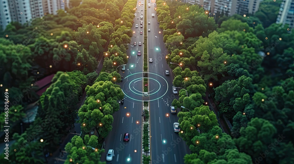 Poster aerial view of a tree-lined street with traffic and digital elements indicating connectivity.