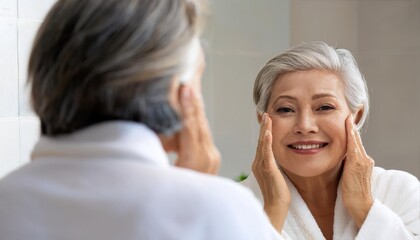 Obraz premium gorgeous mid age adult 50 years old blonde woman standing in bathroom after shower touching face, looking at reflection in mirror doing morning beauty routine 