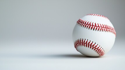 Close-up of a classic white baseball with red stitching on a light gray background.