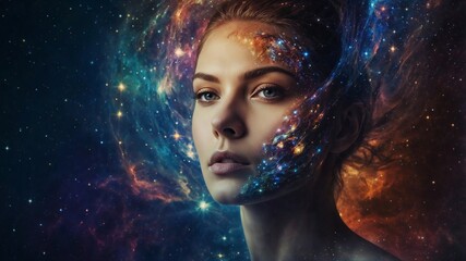 The universe in the form of a beautiful young woman. Abstract thinking
