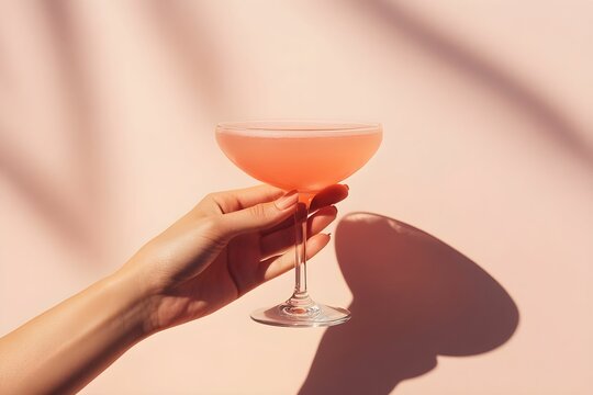 Hand holding a pink cocktail glass against a soft pink background during daylight