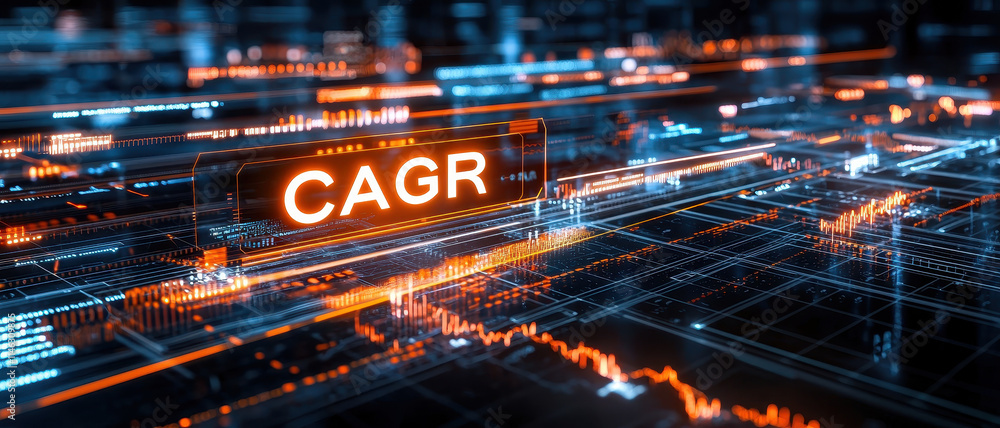 Poster cagr data visualization with glowing lines and graphs compound annual growth rate concept