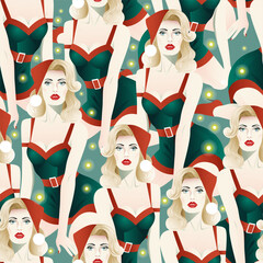 girl in a Christmas hat with a flashlight seamless pattern