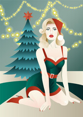 a girl in a New Year's hat on the background of a Christmas tree