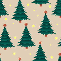 Seamless pattern with Christmas tree and glowing lanterns