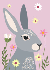 A hand-drawn drawing of a grey rabbit in wildflowers