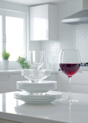a stack of clean dishes with a glass of wine in the kitchen