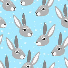 seamless pattern with grey rabbits and snowflakes