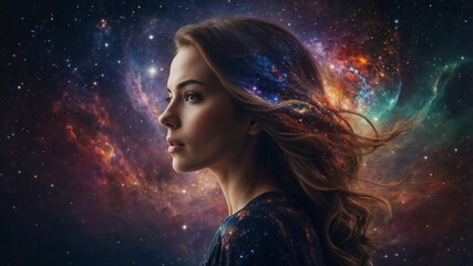 The universe in the form of a beautiful young woman. Abstract thinking