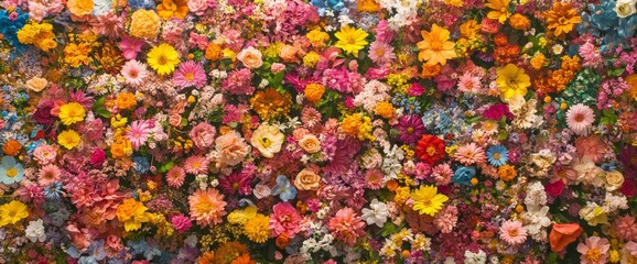 Vibrant floral wall, colorful blooms densely packed.