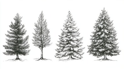 Obraz premium Sketch fir tree. Christmas trees scribble pen drawn holiday decoration. Vintage doodle graphic isolated collection